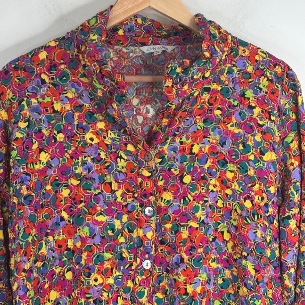 John Mark Top 1x Multicolor Embroidered Button Up… - image 2